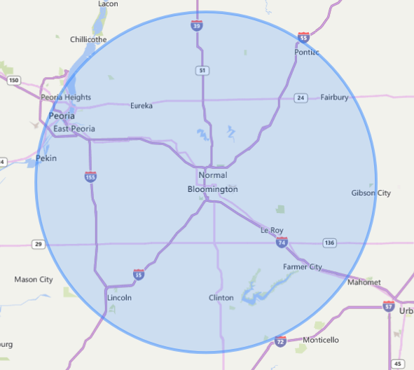 Map radius of our service area within 35 miles